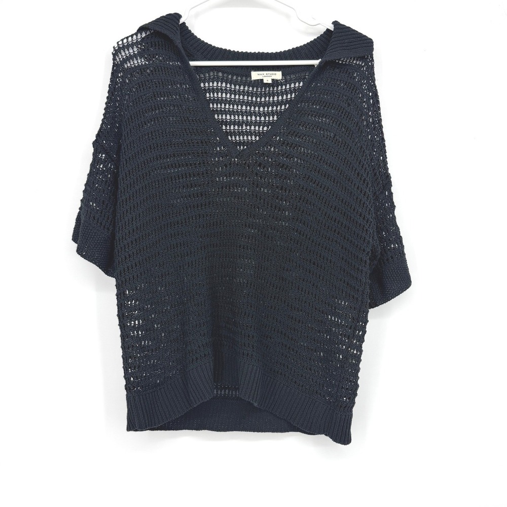 Max Studio London Womens Black Open Knit V-Neck Short Sleeve Sweater Top‎ Small